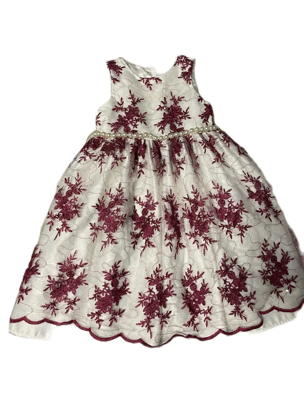 American Princess White Dress with Burgundy Floral Lace For Girls, Size 5